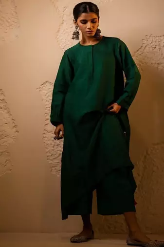 Dark green plain dola silk anarkali set