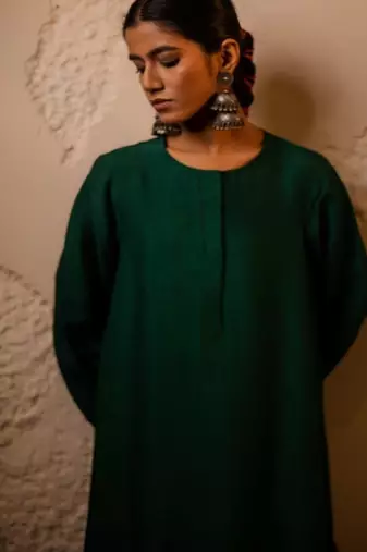 Dark green plain dola silk anarkali set