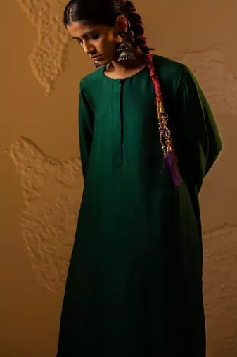 Dark green plain dola silk anarkali set