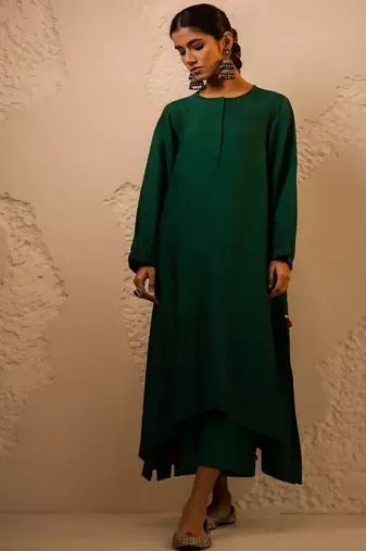 Dark green plain dola silk anarkali set