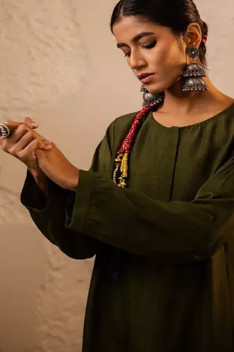 Green plain dola silk anarkali set