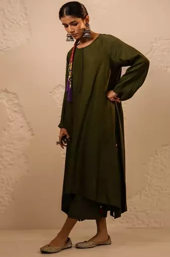 Green plain dola silk anarkali set