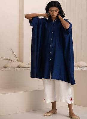 Navy blue plain cotton silk Kurta Set 1