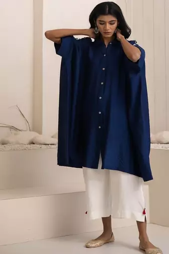 Navy blue plain cotton silk Kurta Set