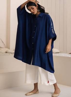 Navy blue plain cotton silk Kurta Set 2