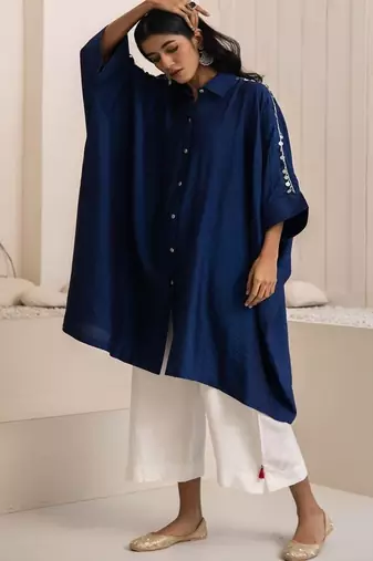 Navy blue plain cotton silk Kurta Set