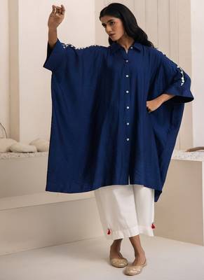 Navy blue plain cotton silk Kurta Set 3