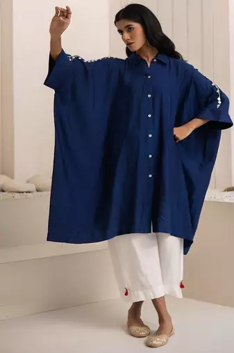 Navy blue plain cotton silk Kurta Set
