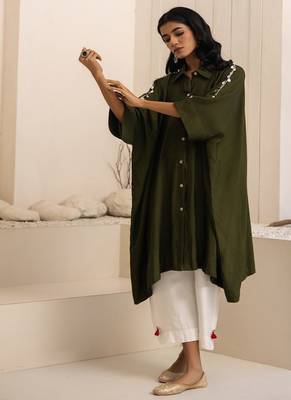 Green plain cotton silk Kurta Set 4