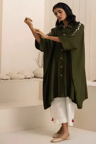 Green plain cotton silk Kurta Set