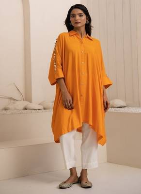 Orange plain cotton silk Kurta Set 1