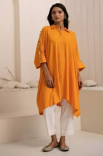 Orange plain cotton silk Kurta Set