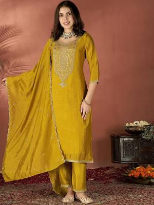 Mustard vichitra silk embroidered salwar suit 1