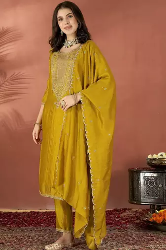 Mustard vichitra silk embroidered salwar suit