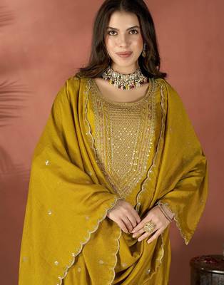 Mustard vichitra silk embroidered salwar suit 3