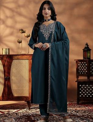 Rama mustard vichitra silk embroidered salwar suit 1