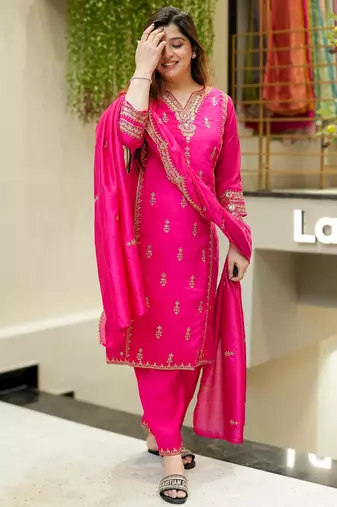 Pink chanderi silk embroidered salwar suit