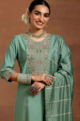 Bottel green chanderi silk embroidered salwar suit