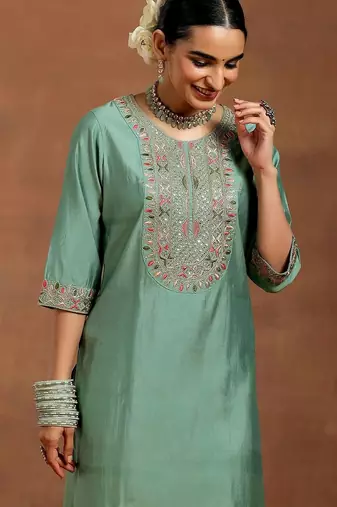 Bottel green chanderi silk embroidered salwar suit
