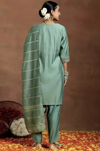 Bottel green chanderi silk embroidered salwar suit