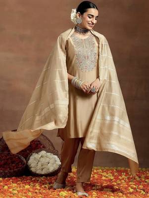 Cream chanderi silk embroidered salwar suit 1