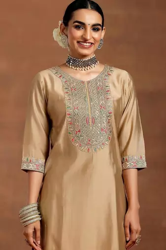 Cream chanderi silk embroidered salwar suit