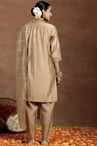 Cream chanderi silk embroidered salwar suit