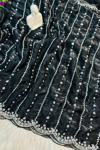Black Color Soft Shiny Pixel Crushed Space Silk  Saree