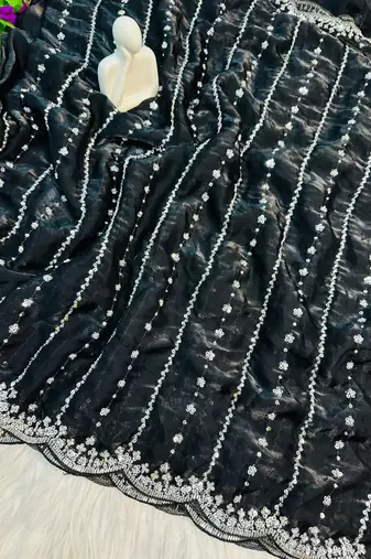 Black Color Soft Shiny Pixel Crushed Space Silk  Saree