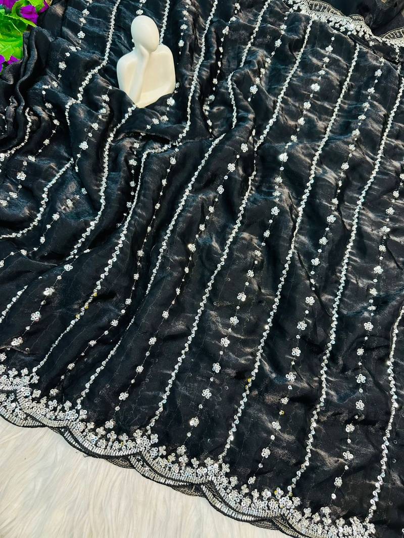 Black Color Soft Shiny Pixel Crushed Space Silk  Saree