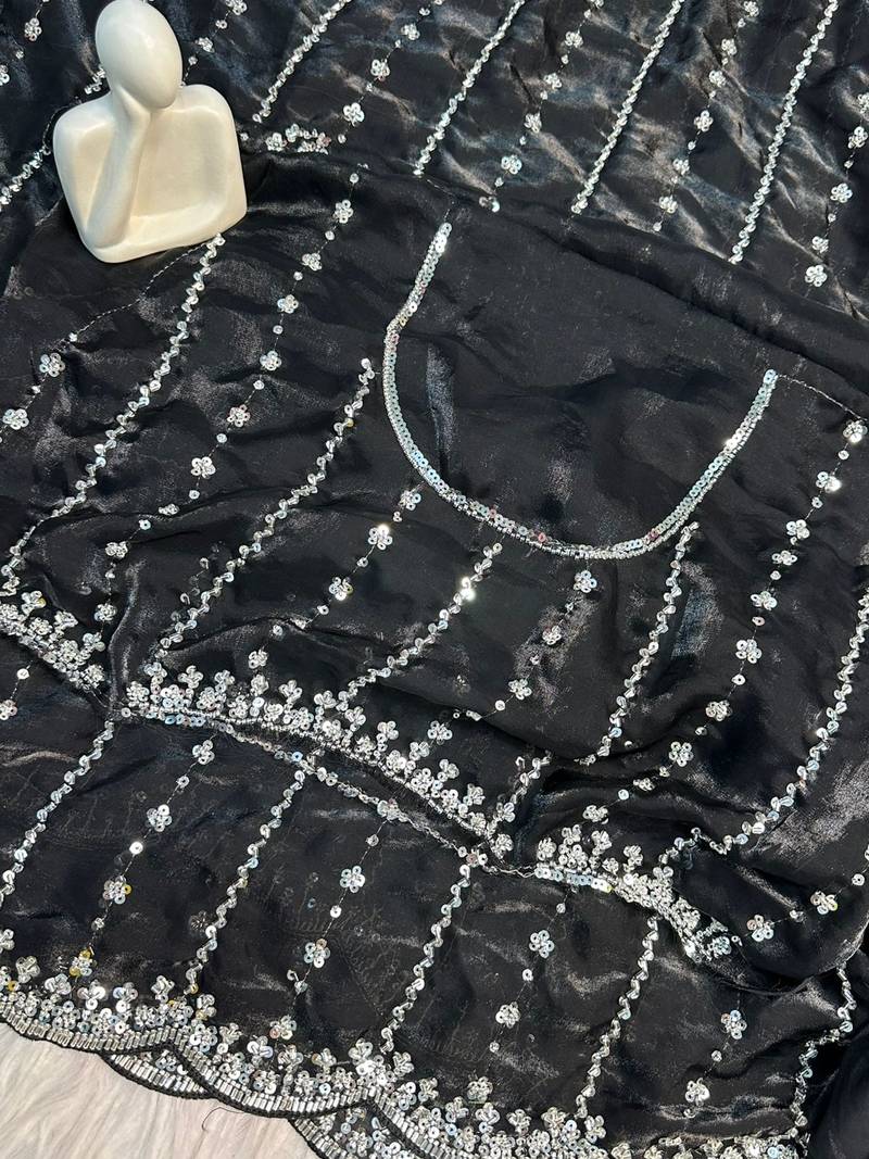 Black Color Soft Shiny Pixel Crushed Space Silk  Saree