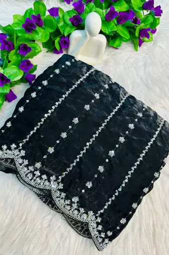 Black Color Soft Shiny Pixel Crushed Space Silk  Saree