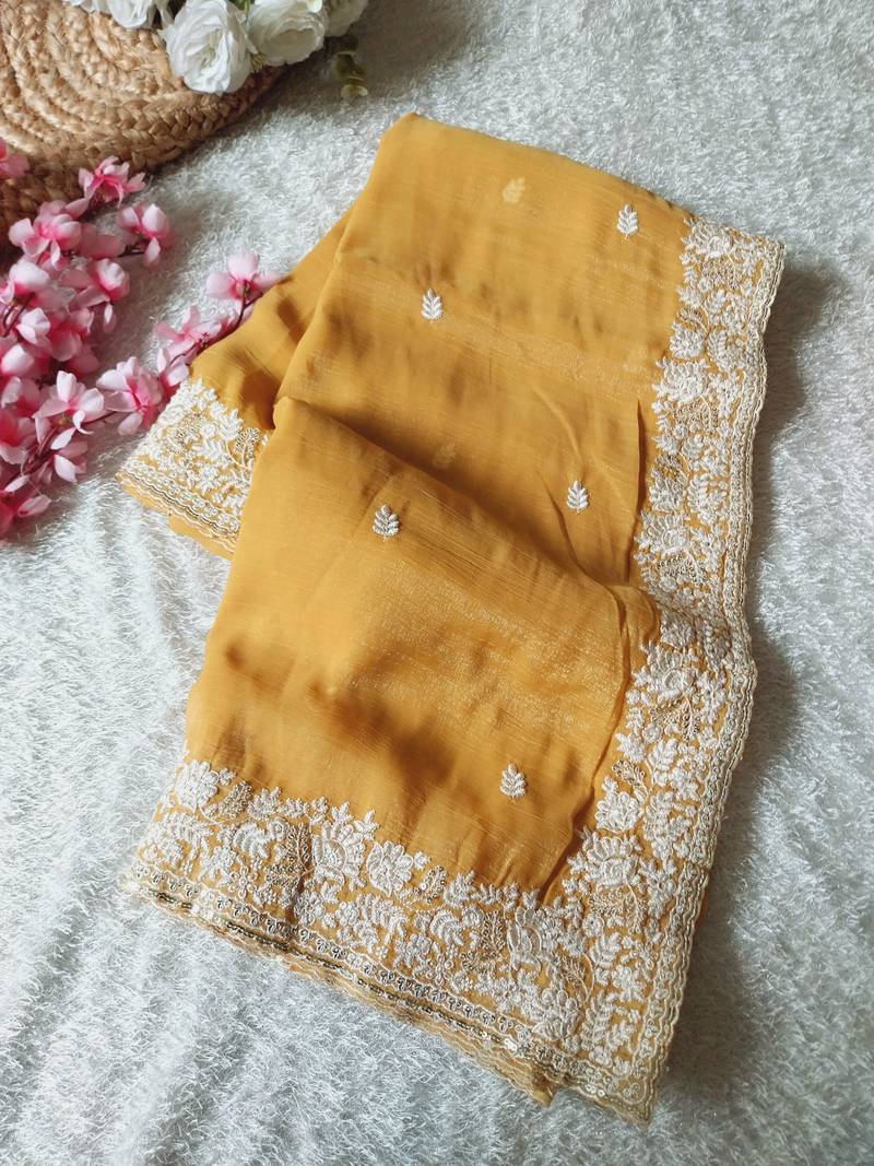 Yellow Color Premium Crunchy Fabric Party Wear Saree