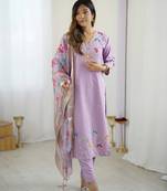 Women's Gorgeous Embroidery work Viscose Gadhwal Fabric Straight Kurta, Pant and Dupatta Set