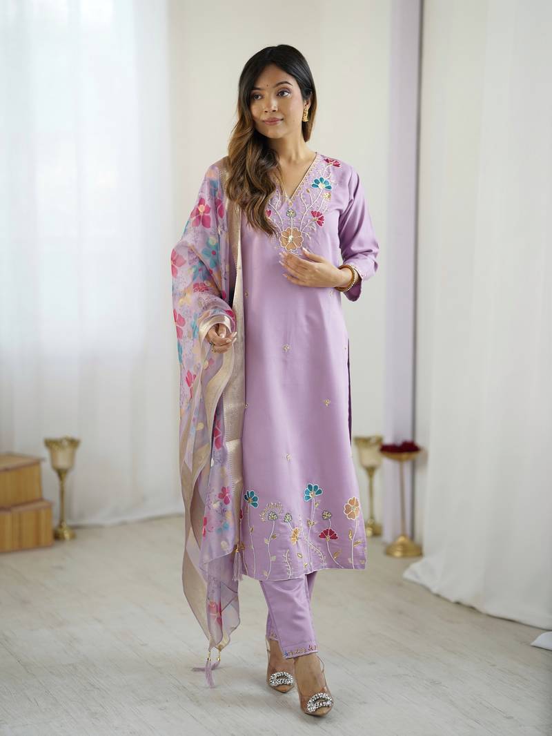 Women's Gorgeous Embroidery work Viscose Gadhwal Fabric Straight Kurta, Pant and Dupatta Set