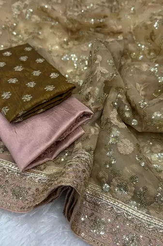 Beige Color Fully Embroidered Soft Mono Net Fabric Saree