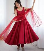 Maroon mirror work heavy pure romansilk chanderi fabric stitched anarkali with pant & dupatta festive wear suit set