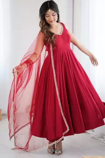 Maroon mirror work heavy pure romansilk chanderi fabric stitched anarkali with pant & dupatta festive wear suit set