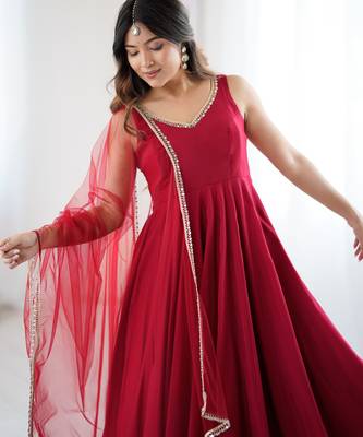 Maroon mirror work heavy pure romansilk chanderi fabric stitched anarkali with pant & dupatta festive wear suit set 5