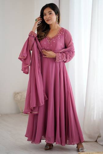Mauve pink handwork faux georgette stitched anarkali gown with princess choli & dupatta partywear ethnic dress