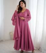 Mauve pink handwork faux georgette stitched anarkali gown with princess choli & dupatta partywear ethnic dress