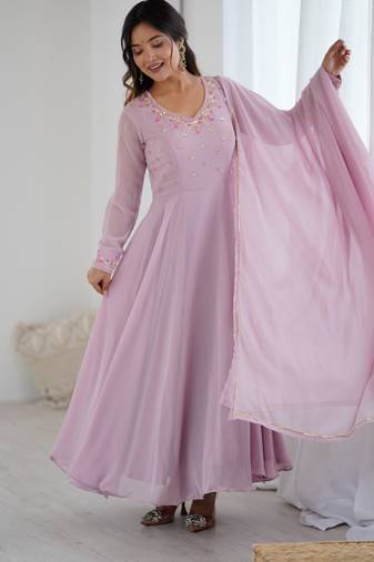 Pastel pink handwork faux georgette stitched anarkali gown with bottom & dupatta partywear ethnic dress