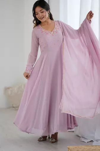 Pastel pink handwork faux georgette stitched anarkali gown with bottom & dupatta partywear ethnic dress