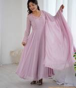 Pastel pink handwork faux georgette stitched anarkali gown with bottom & dupatta partywear ethnic dress
