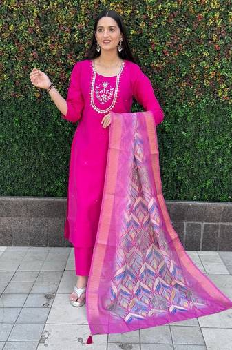 Pink roman silk handwork Kurta pant with dupatta