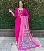 Pink roman silk handwork Kurta pant with dupatta