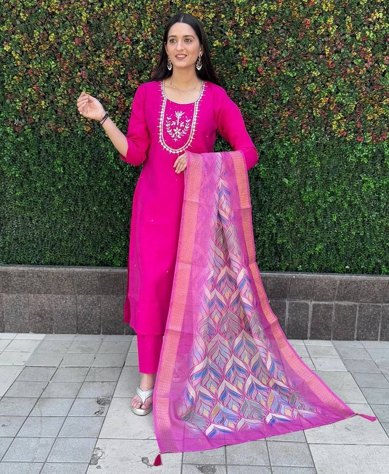 Pink roman silk handwork Kurta pant with dupatta