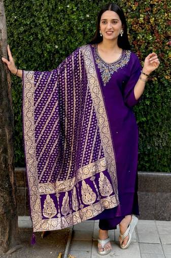 Purple roman silk handwork Kurta pant with dupatta