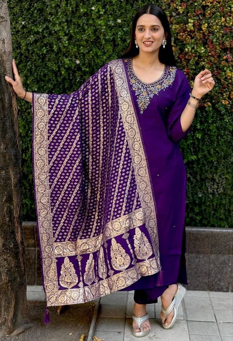 Purple roman silk handwork Kurta pant with dupatta