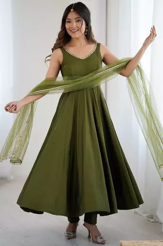 Olive green mirror work heavy pure romansilk chanderi stitched kurta with pant & dupatta – festive wear suit set